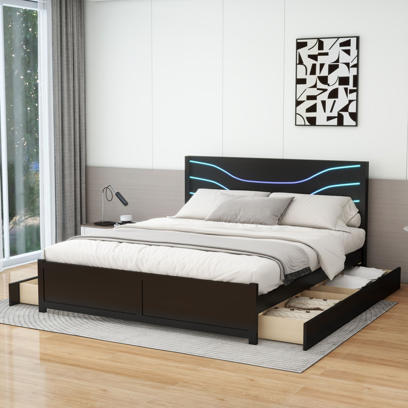 Wood Storage Platform Bed With LED And 4 Drawers, Black