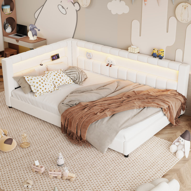 Full XL Size Upholstered Platform Bed with USB Ports and LED Light Belt, Multi-Functional Kids Bed, White, Full XL, White