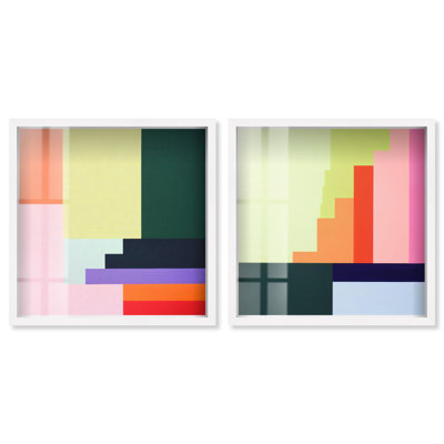Rectilinear Rhapsody Set Shadowbox Print Colorful Wall Decor Set by Art Remedy, Black Frame, 12 x 12