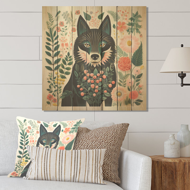 Pink And Green Boho Wolf Portrait I - Wolf Animal On Wood Print, 15" H x 15" W