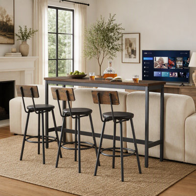 Ensemble de table de bar industriel avec 3 tabourets rembourrés en polyuréthane, longue table de bar et chaises pour le petit-déjeuner, ensemble de salle à manger à hauteur de comptoir à structure métallique stable pour le salon de la cuisine