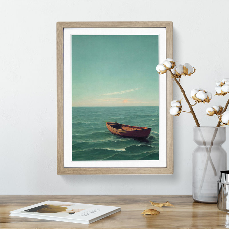 Vacant Boat On The Sea - Single Picture Frame Painting, 64cm H x 46cm W x 2cm D, Oak 