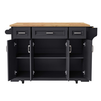 54Inch Large Kitchen Island With Rubber Wood Drop Leaf, Embossed Texture Rolling Kitchen Cart On 4 Wheels With 4 Doors And 3 Drawers, Kitchen Island With Storage For Kitchen