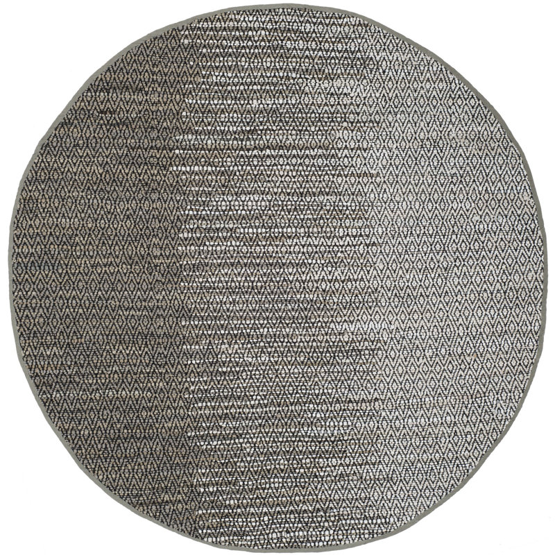 Exley Vintage Leather Hand Woven Leather/Cotton Geometric Rug in Grey, Round 4'