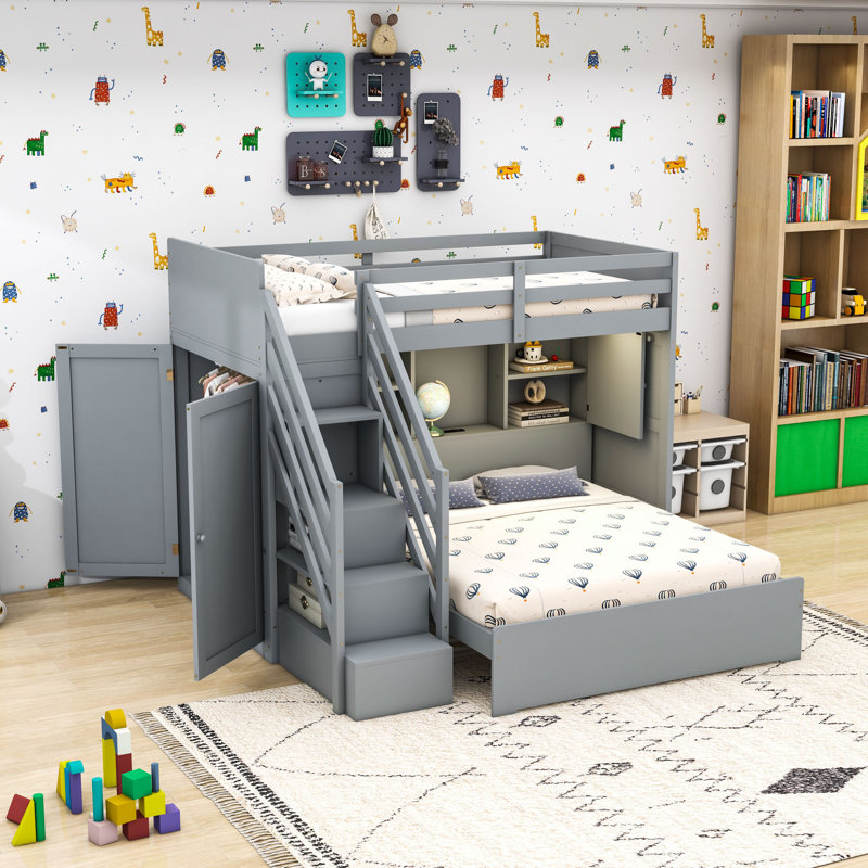 Bunk Bed with Wardrobe,USB and Lights, Gray