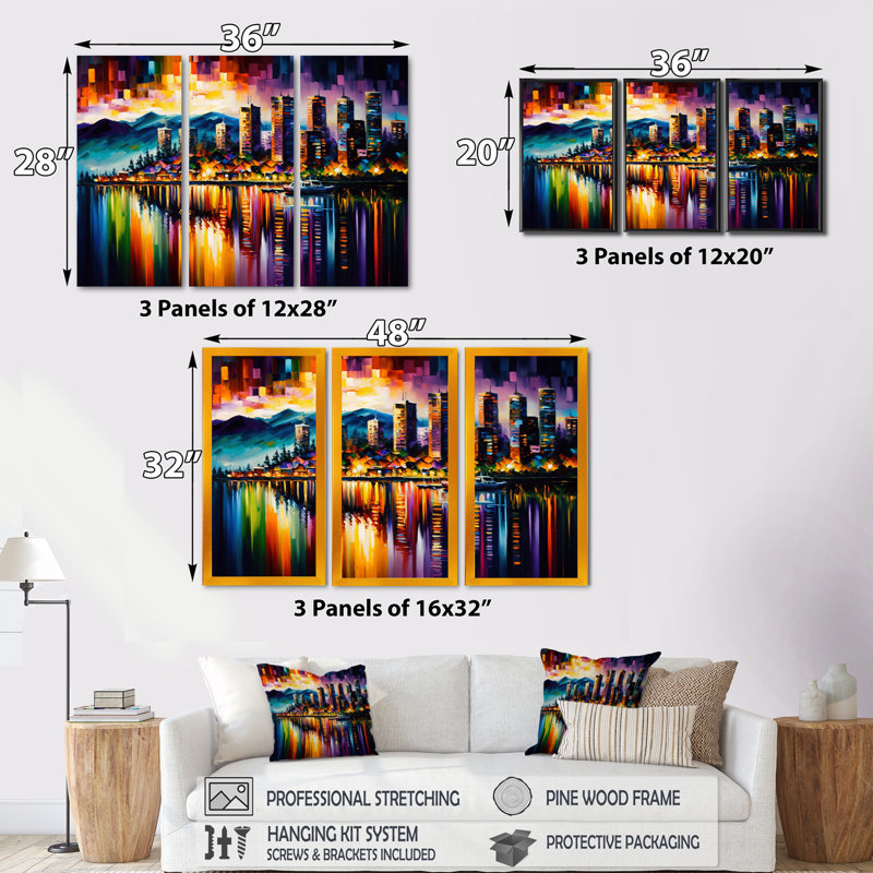 «Colorful City In Vancouver III», reproduction sur toile 3 pièces, Cadre noir, H 28 po x l 36 po x P 1 po