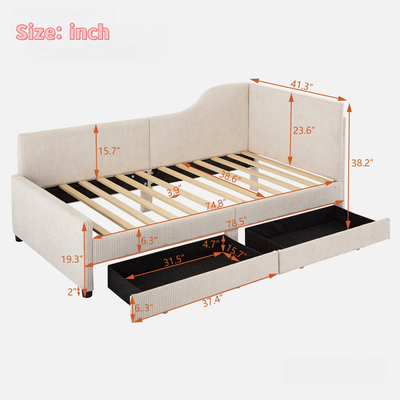 Crain L-shaped Upholstered Daybed With 2 Storage Drawers, Beige