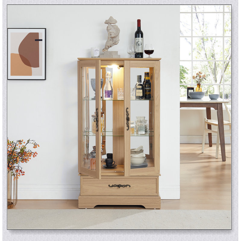Oak Glass Cabinet with Adjustable Glass Shelves, 2 Doors, 1 Drawer And Light, Oak