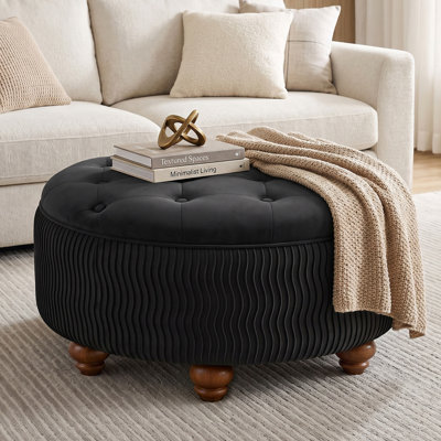 28''W Velvet Tufted Storage Ottoman with Solid Wood Gourd-Shaped Legs