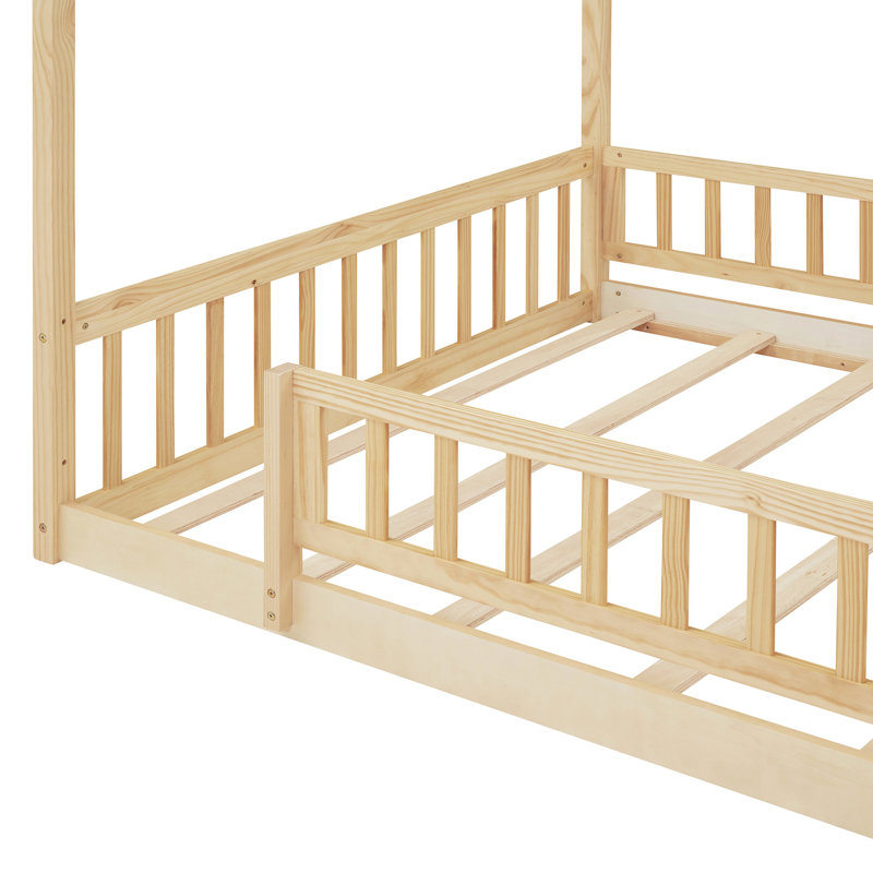 Full Size Wood Bed Frame Featuring Fence And Roof, Offer A Safe Fun Sleeping Playing Spot, 4 Colors, 7 Slats, Pine With Ideal For ' Play Rest, Semi - Enclosed Design, Color Selections, Slats
