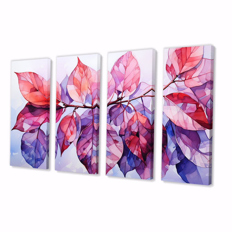 Rose et mauve, plantes tropicales, feuilles I - fuschia, art mural 4 pièces, H 28 po x l 48 po