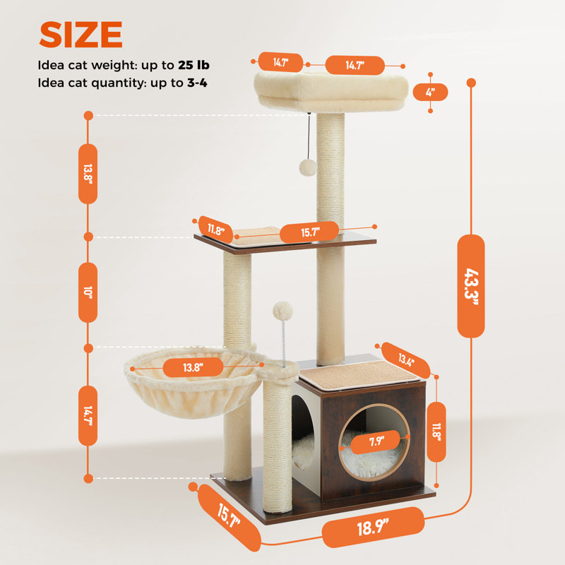 43.3" Wooden Modern Cat Tower Brown, Brown