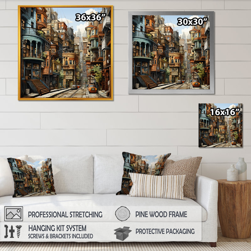 Illustration de bâtiments de la ville, H 24 po x l 24 po x P 1 po, Cadre flottant noir