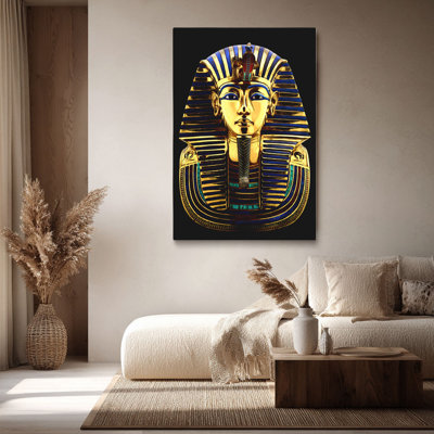 Ancient “Tutankhamun’s Golden Mask with Black Backdrop (Regal Tone)” Egyptian Mask Canvas Wall Art Stretched Frame for Eclectic Studio