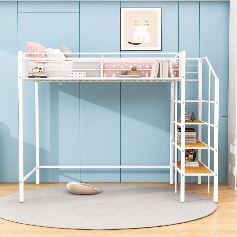 Twin Metal Loft Bed With Built-In Shelves And Guardrails, White