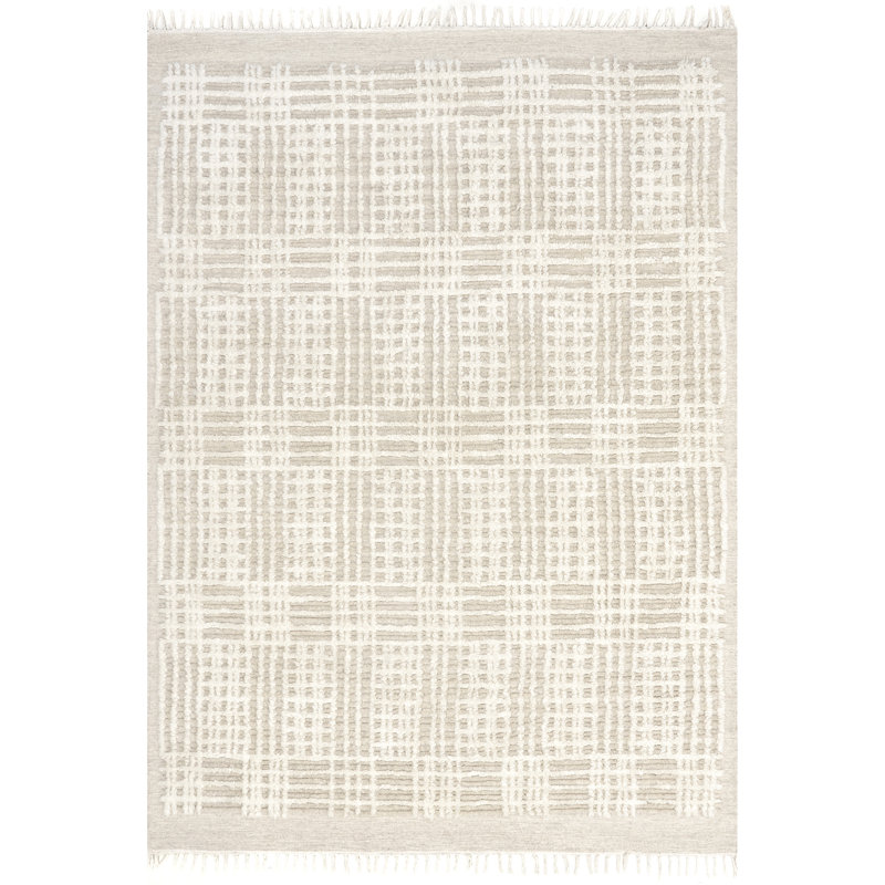 Beige Crosshatch Tufted Shag Wool 4' x 6' Rug