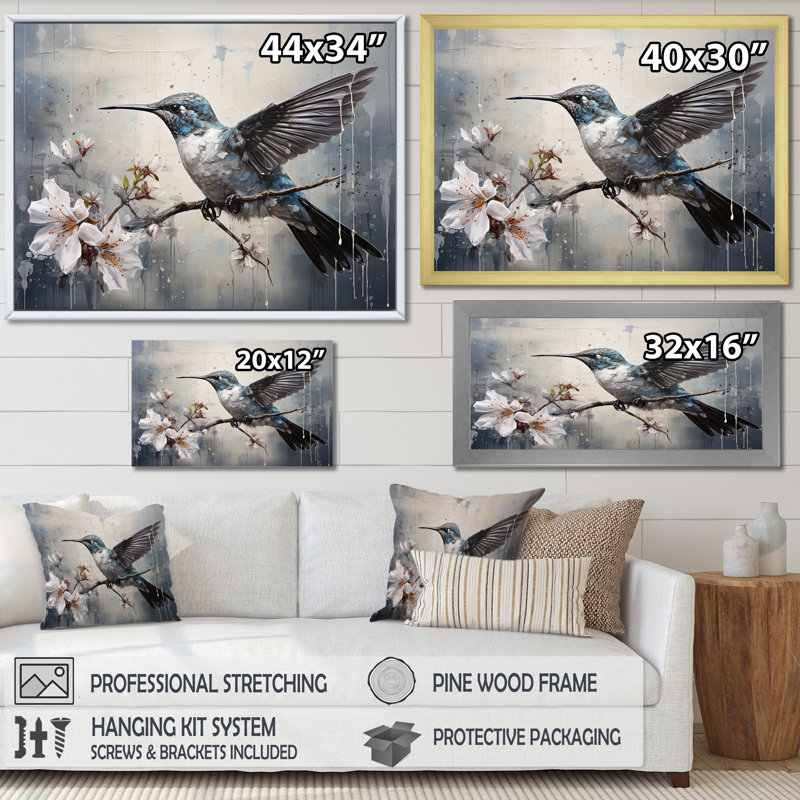 Colibri harmonie florale II sur toile, Toile tendue, H 24 po x l 32 po