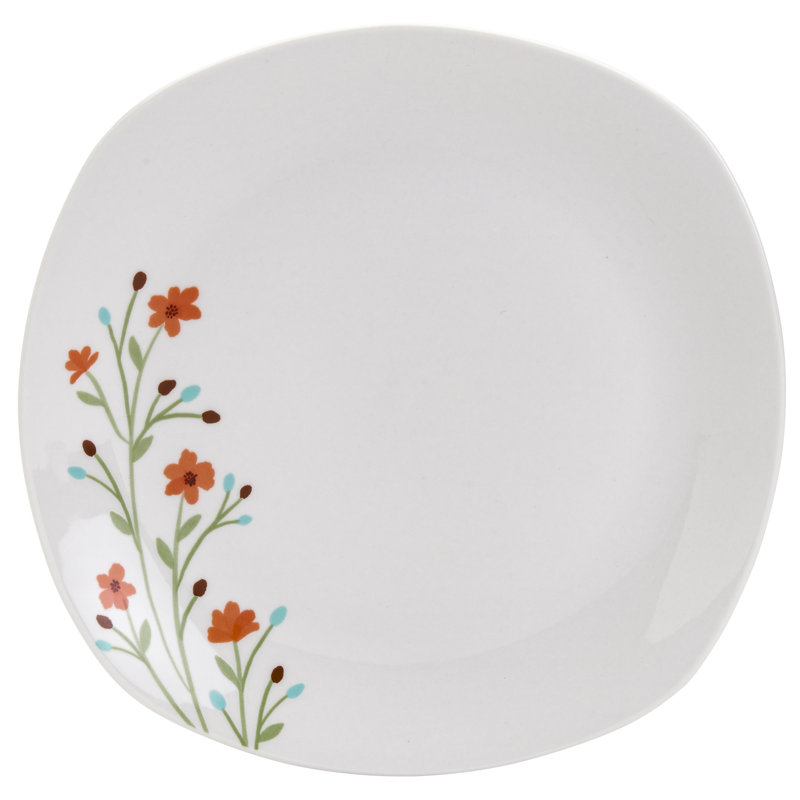 Caroline White Floral Porcelain Square Dinnerware Set, Service for 4
