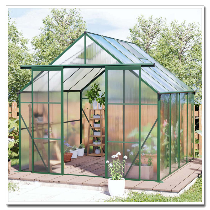 8x8 FT Double Door Polycarbonate Greenhouse Raised Base and Anchor Aluminum Heavy Duty Walk-in Greenhouses for Outdoor Backyard in All Season,Green