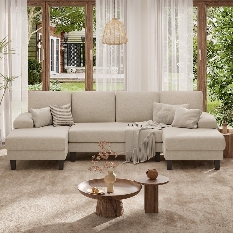 110" U-Shape Sectional Sofa With Armrests, Wood-Seat, Metal Frame & Upholstery, Modern Comfy Design For Living Room Or Family Lounge