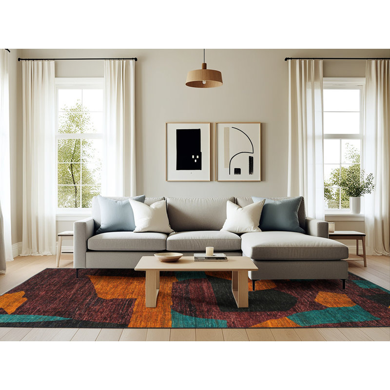 Tapis abstrait brun / bleu / noir Monyae, Rectangle 6 pi x 9 pi