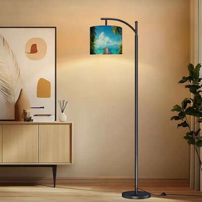 Arc Floor Lamp with Adjustable Lampshade Seaside Pier Tropical Palm Trees Birds Under Blue Sky Coastal Standing Lamp 3 Color Temperatures Dimmable Tall Pole Lamp with Foot Switch for Bedroom