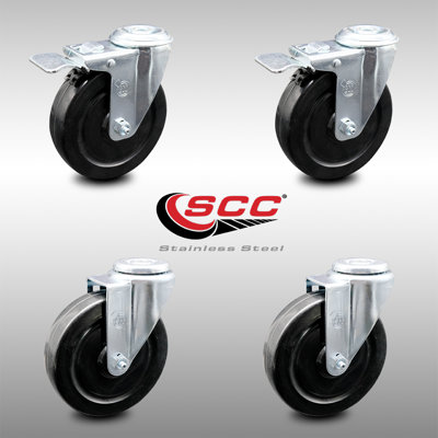 5 Inch SS Hard Rubber Wheel Swivel Bolt Hole Caster Set with 2 Total Lock Brakes