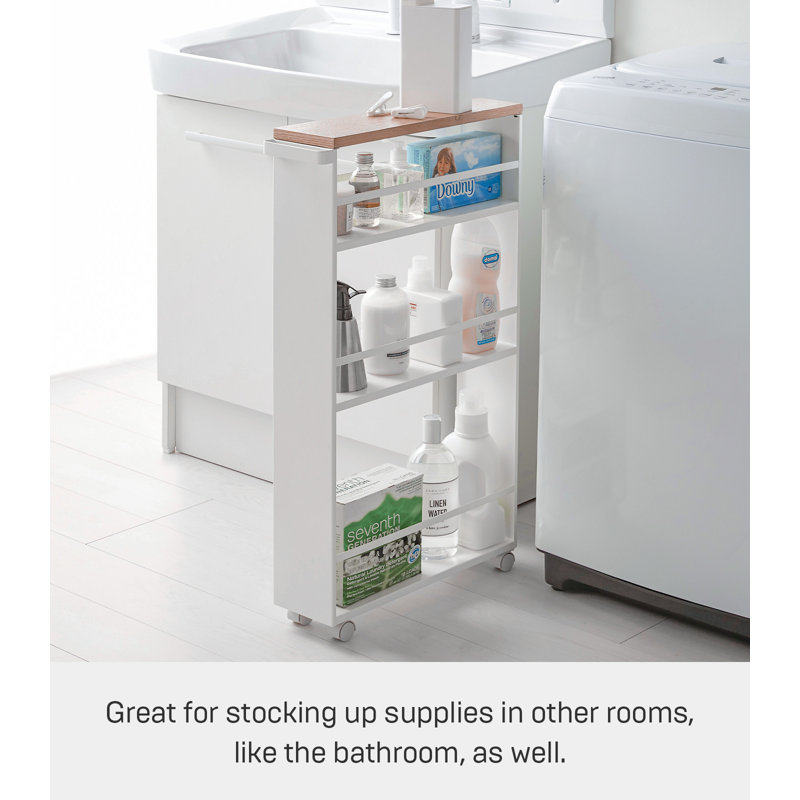 Slimline Tower White Steel Three-Tier Rolling Storage Cart with Wooden Accent