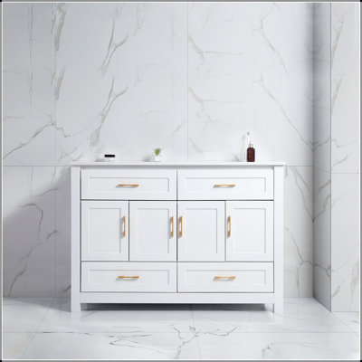 Meuble-lavabo blanc 48 po avec lavabo en céramique, rangement abondant - 4 portes à fermeture douce et 4 tiroirs