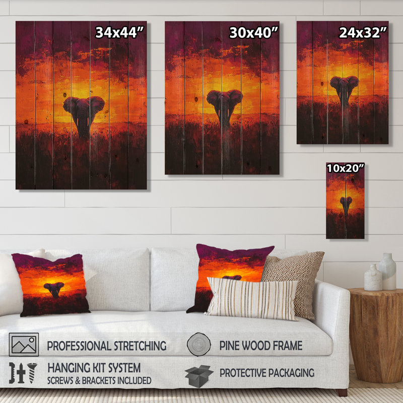 Éléphant d'Afrique au coucher du soleil II - Éléphant, décoration murale en bois animal - sur bois de pin naturel