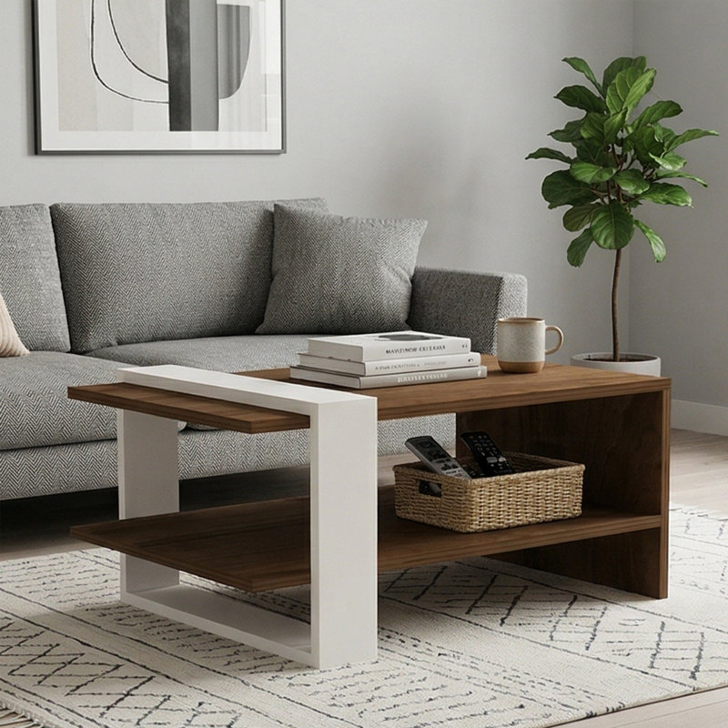 Table basse moderne à 2 niveaux avec cadre géométrique Aelwen, Bois moyen / blanc