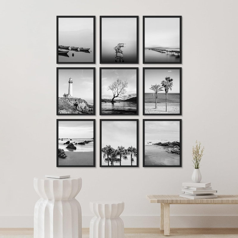 Noir, blanc, plage, océan, mer, paysages, nature, désert, palmiers tropicaux, Cadre noir, L 12 po x H 16 po