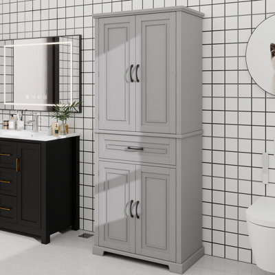 Armoire de rangement pour salle de bain avec portes et tiroir, plusieurs espaces de rangement, tablette réglable, gris