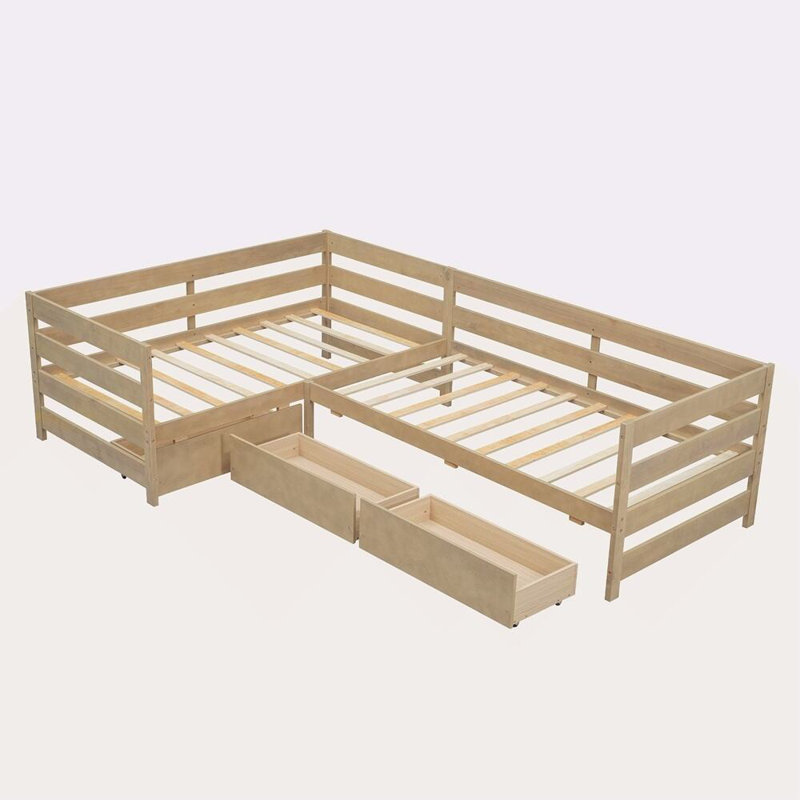 Lit plateforme simple en forme de L avec trois tiroirs de rangement