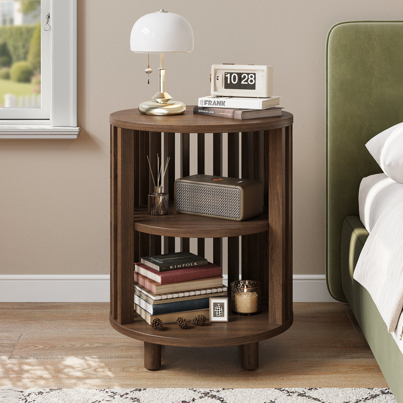 Yeva 19.7" Mid Century Modern Nightstand, Round Bedside Table With Open Shelf, Walnut, Individual