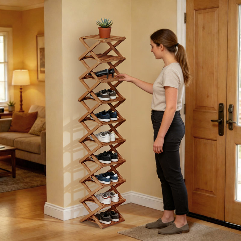 Bamboo Shoe Rack, Foldable Storage Rack, Narrow Standing Shoe Organizer