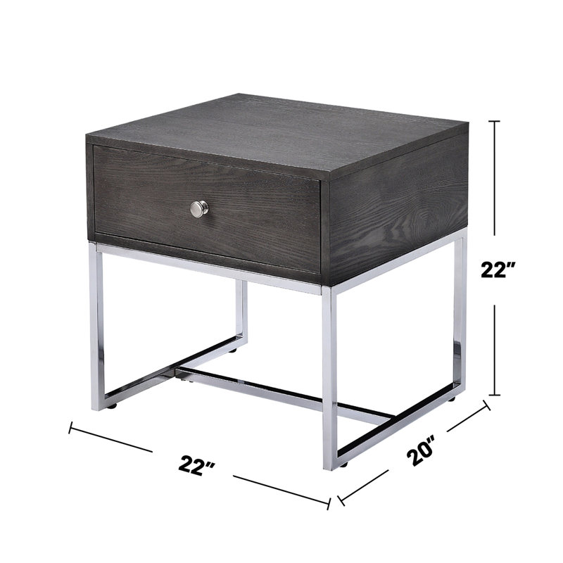 Table de bout rectangulaire en chêne gris et 1 tiroir avec patins en métal doublés de feutre, fabrication en placage de bois, base luge, H 19 po x 13 po 5 po, plancher de 14 po, pour espaces de salon