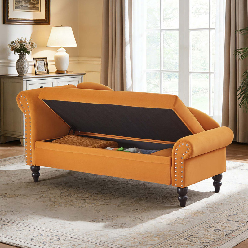 Chaise longue moderne en velours avec rangement caché et soutien lombaire, Earthy Yellow Velvet