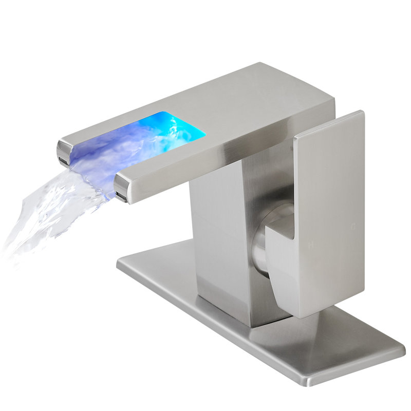 Robinet de lavabo de salle de bain à DEL, bec cascade, 3 couleurs changeant selon la température de l'eau, un trou fixé au comptoir, poignée simple, nickel brossé, eau chaude froide