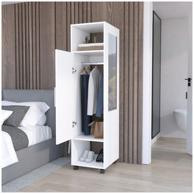 Cluster 63" Tall Wardrove One-Door Cabinet with Mirror, Three Shelves, Casters and Hanging Rod, Armoire, Bedroom Clothes Storage, Cabinet Organizer B by Latitude Run