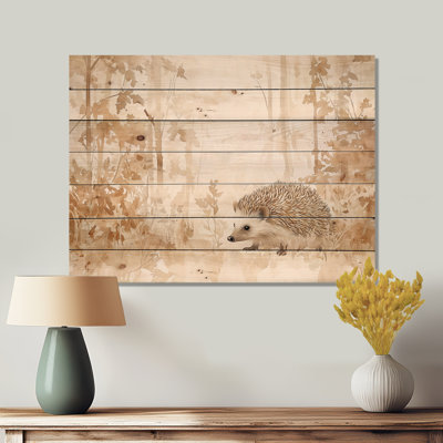 «Hedgehog Adventure In New Zealand II», impression sur bois brun moderne sur bois de pin naturel