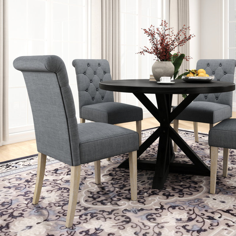 Salle à manger moderne 5 - table croisée noire et 4 chaises confortables attrayantes: chaises rondes en bois, gris, Gris