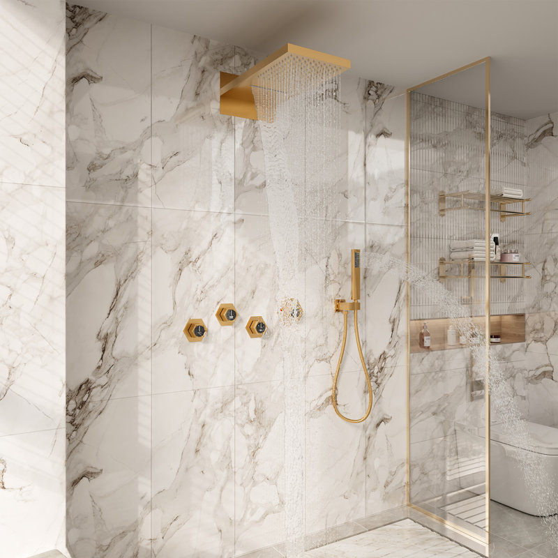 Système de douche thermostatique à pluie et à fixation au mur 22 "à DEL avec musique Bluetooth, Or brossé
