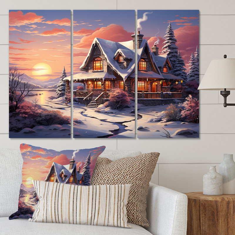 «Winter Snowy Cottage II», reproduction sur toile 3 pièces, H 28 po x l 36 po x P 1 po