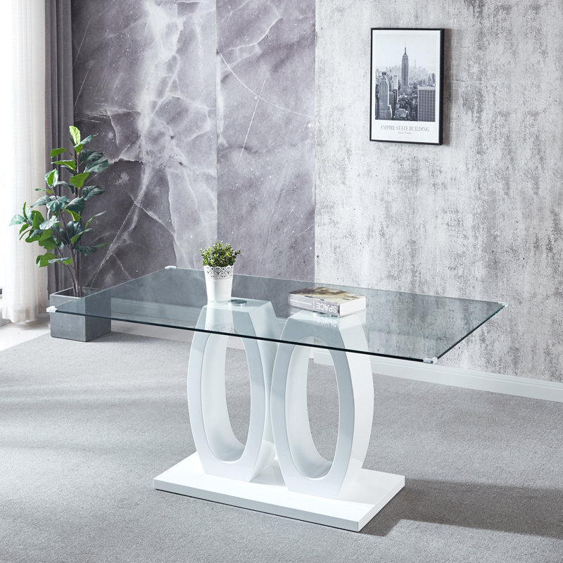 Table de salle à manger en MDF de conception moderne avec finition blanche et plateau en verre transparent, pour 6 personnes