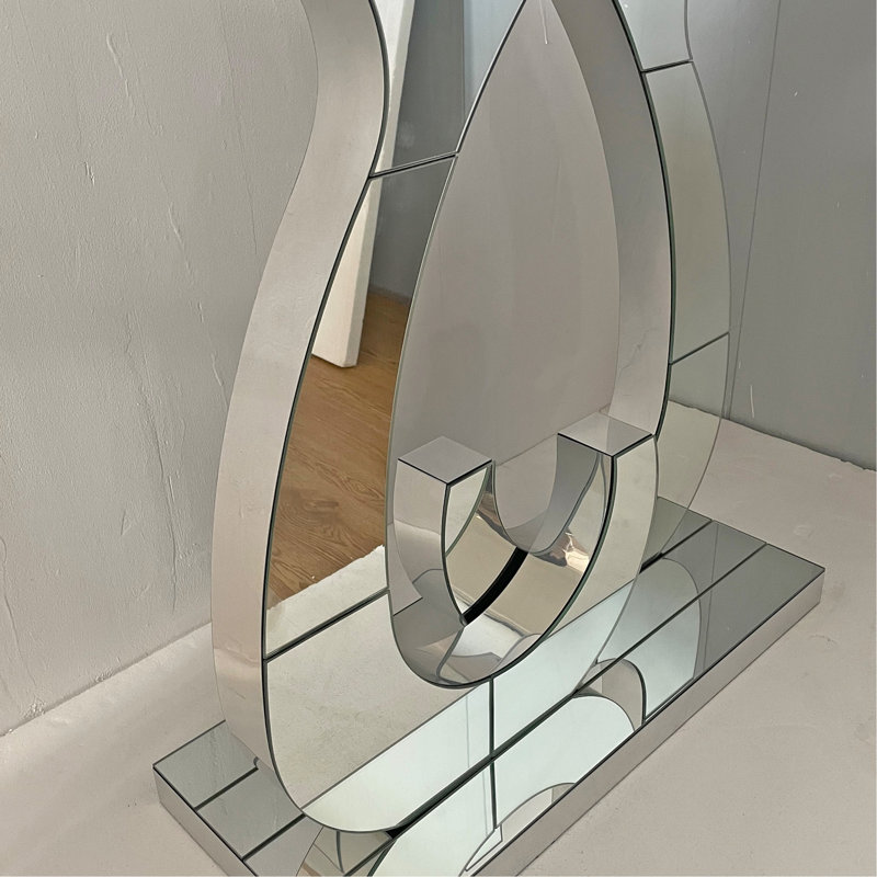 Table d'appoint moderne en verre avec miroir et table d'entrée à effet miroir, base double en forme de C, table de couloir de décoration rectangulaire adaptée à l'entrée du couloir du salon (argent)