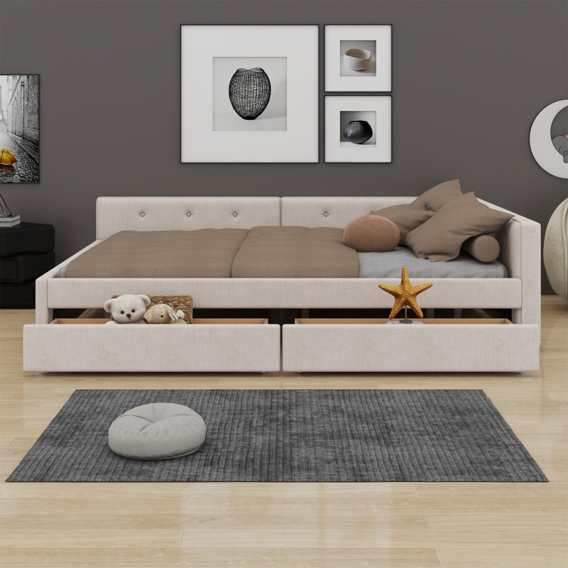 Upholstered Platform Bed With USB And 2 Drawers, Queen