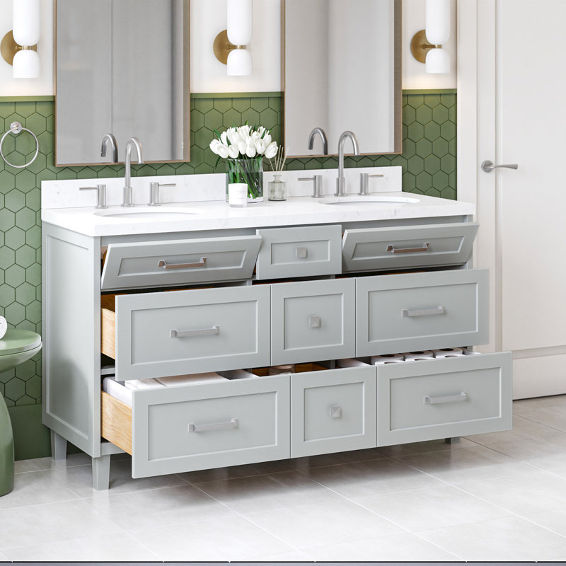 Meuble-lavabo double avec comptoir ARIEL, Gris, 60" - 61", Carrara White Quartz