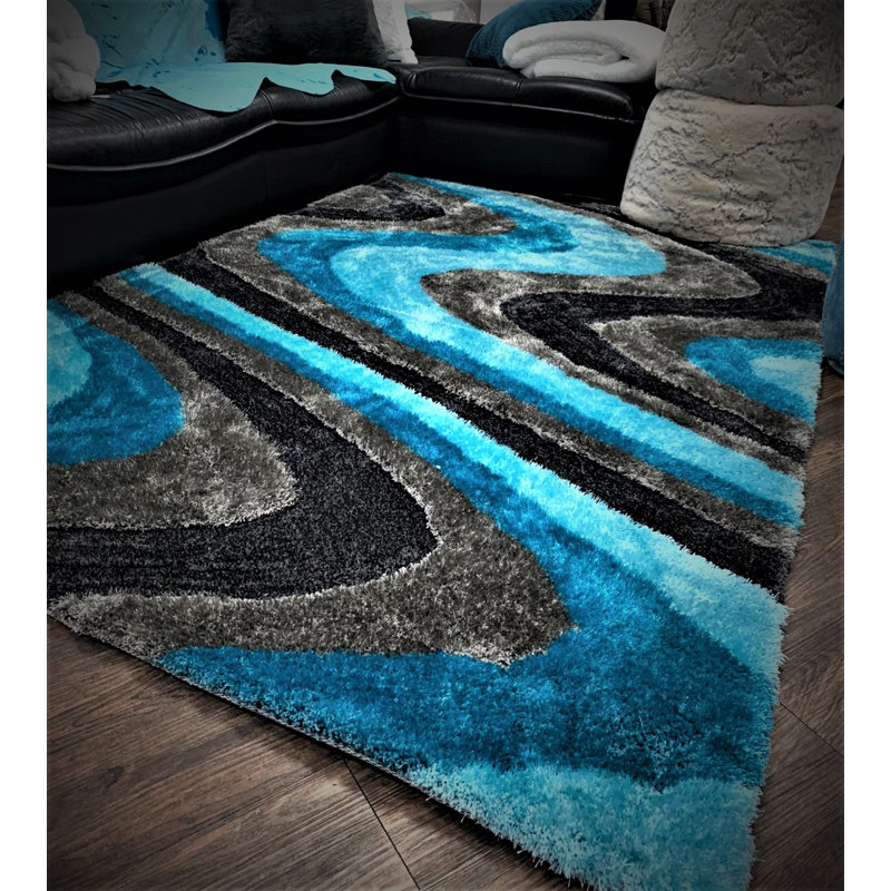 Tapis à poils longs gris / bleu touffeté à la main Tysen