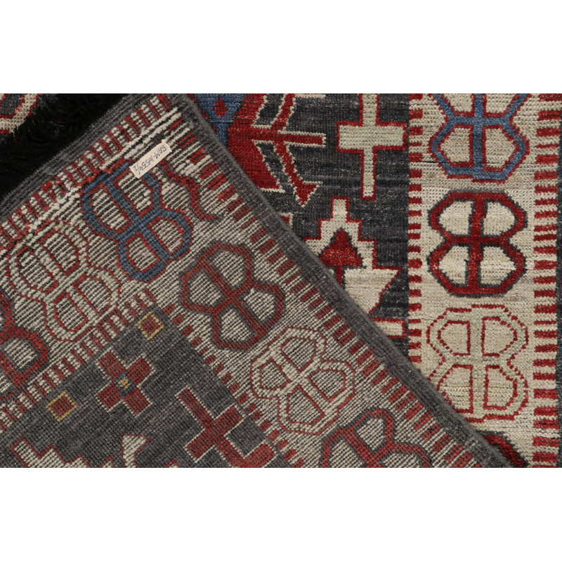 Caucasian Rug In Gray, Red & Blue Geometric Pattern By Rug & Kilim, Square 4'